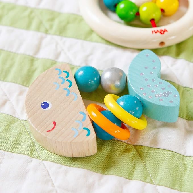 HABA Rattlefish Wooden Baby Rattle with Plastic Rings, Sensory Toys 6-12 Months & Grasping Toy for Babies, Made in Germany