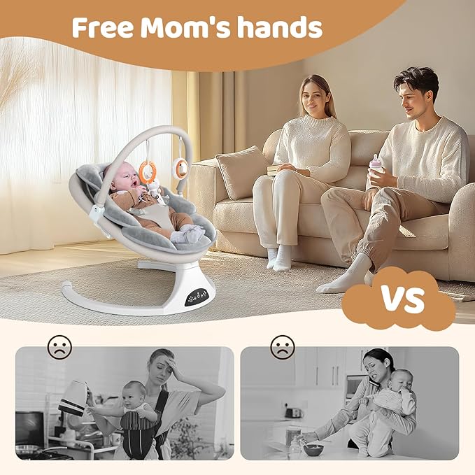 Electric Baby Swing with Remote Control - 5 Natural Motion Speeds, Detachable Seat Pad | Portable Infant Swing for Indoor/Outdoor Use (0-6M, 20lbs) (Gray)