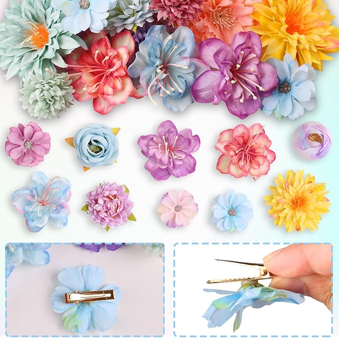 Leery 20 PCS Boho Flower Hair Clips for Women - Rose Hair Barrettes, Wedding Hairpins, Bridal Headpiece, Hawaiian Silk Floral Clips (Sky Blue‌)