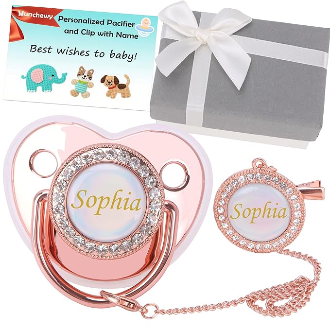 Personalized Pacifier with Name, Bling Pacifier Clip Set with Gift Box Greeting Card, Glitter Crystal Luxurious Soother Dummy Ideal Gift for Girl Baby Shower Newborn Photography(Rose Gold)