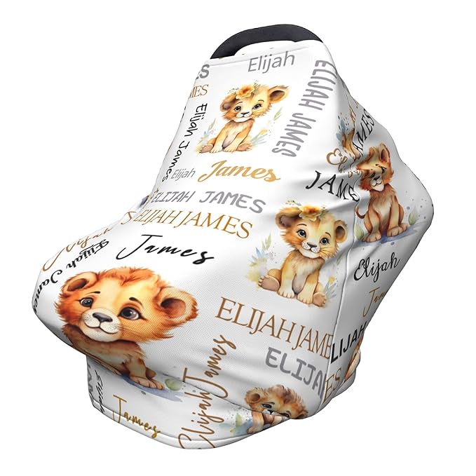 Personalized Baby Car Seat Covers for Babies, Custom Lion Nursing Breastfeeding Carseat Canopy with Name, Infant Stroller Covers for Newborn Girls Boys, Breathable Carseat Cover