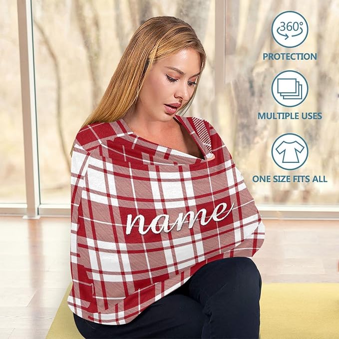 Personalized Baby Car Seat Cover for Babies, Custom Name Baby Car Seats Canopy for Boys Girls, Nursing Breastfeeding Stroller Covers for Infant Newborn, Shower Gift (Red Plaid)
