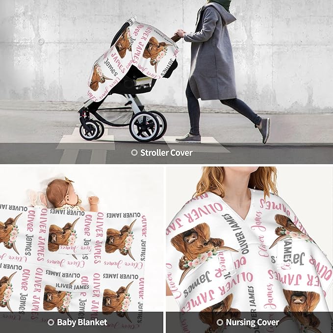 Personalized Highland Cow Carseat Cover for Baby Custom Name Car Seat Canopy for Newborn Baby Boys Girls 2 in 1 Mom Nursing Breastfeeding Covers Minky Baby Carrier Stroller Covers