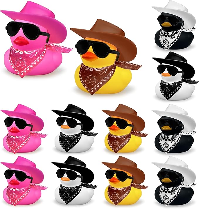 12 PCS Cowboy Duck with Scarf Hat and Sunglasses Mini Bath Duck Toys for Birthday Swimming Party Gift Favor Decorations