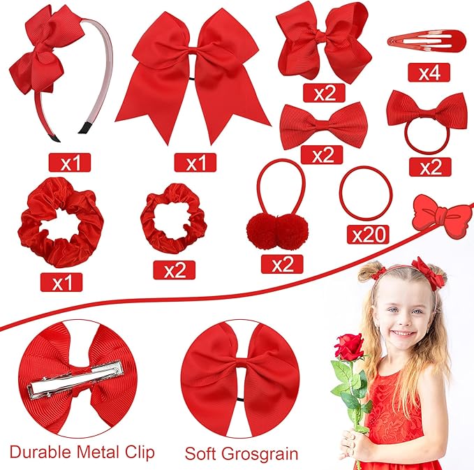 LACGO Pack of 37 School Uniform Hair Bow Accessories - Christmas Grosgrain Hair Clips Bow Headband Ribbon Alligator Ponytail Holder for Toddlers Teen Girls Christmas Party Prom (Red)