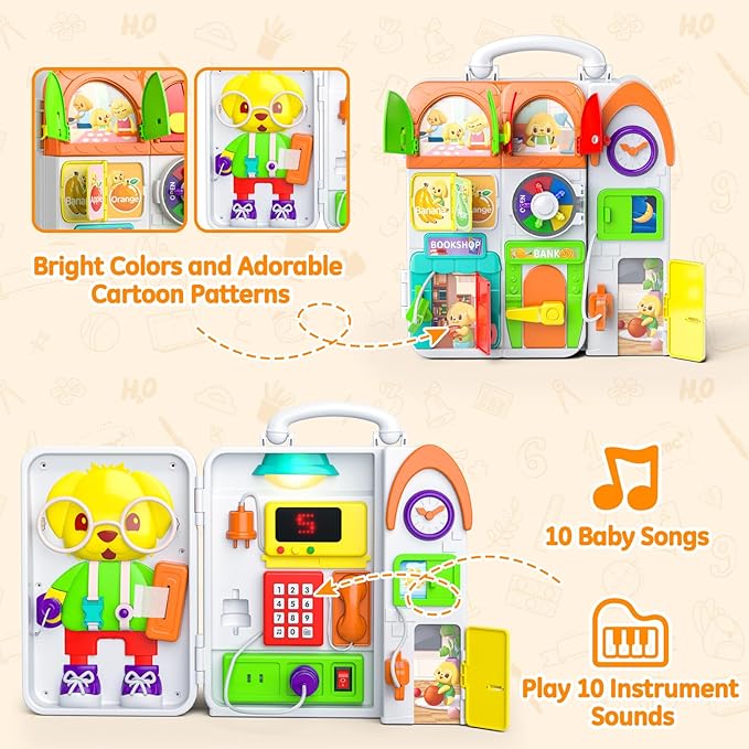 INNOSKY Montessori Busy Board for 1 Year Old Boy Girl, Musical Baby Toys 12-18 Months, Bilingual Learning Educational Toddlers Toys for 1-2 Year Old Birthday Gifts