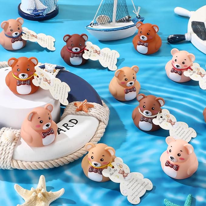 HyDren 144 Pcs Rubber Bear Party Favors Includes Squeak Floating Bath Toys Bulk Cards with Elastic Bands Small Rubber Ducks(Duck Shape)