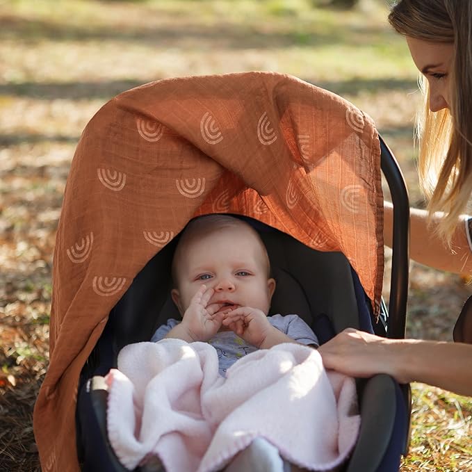 Meracorallo Muslin Baby Car Seat Cover, 2 Pack Lightweight Breathable Soft Infant Carrier Cover Carseat Canopy for Baby Boys and Girls, Rainbow & Beige