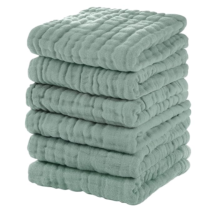 Unnivoll Muslin Burp Cloths Baby 12''X12'', Baby Washcloths 6 Pack, 100% Cotton Baby Wash Cloths Absorbent and Soft for Newborn Infants Kids Boys Girls - Dark Green