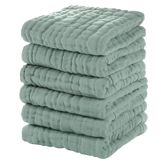 Unnivoll Muslin Burp Cloths Baby 12''X12'', Baby Washcloths 6 Pack, 100% Cotton Baby Wash Cloths Absorbent and Soft for Newborn Infants Kids Boys Girls - Dark Green