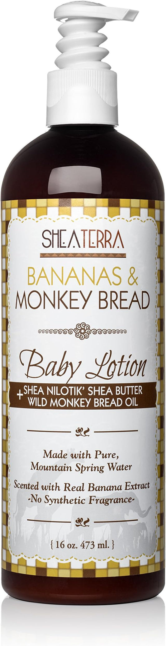 Shea Terra Organics Mama and Baby Collection | Bananas & Monkey Bread Baby Lotion | Non Toxic All Natural Emollient with Baobab and Shea Butter for Dry Skin – 16oz
