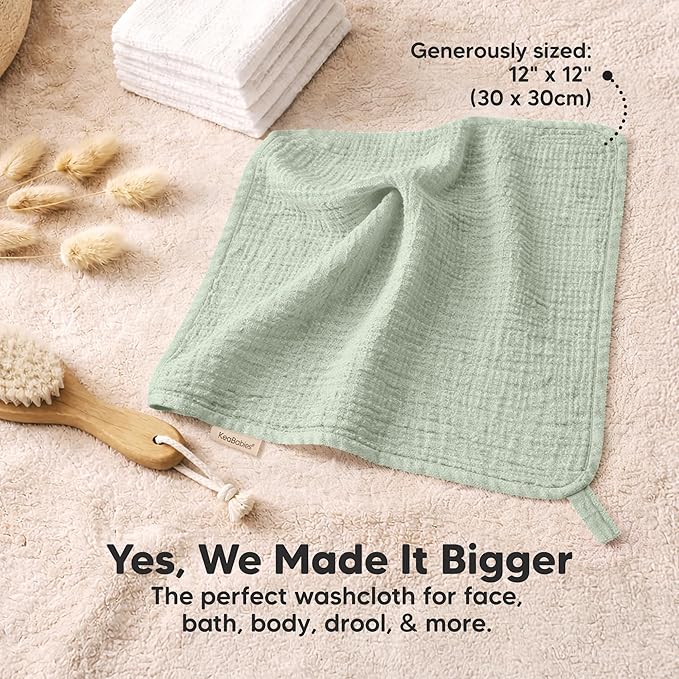 5-Pack Muslin Baby Washcloths for Newborn – 12x12" Soft Absorbent Organic Cotton Muslin Wash Cloths for Babies Girl, Boy, Infant, Toddlers, Kids Face Towel, Bath Essentials, Baby Burp Rags (Sage)