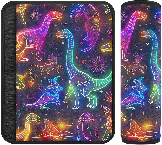 CHIFIGNO 2Pcs Seat Belt Cover Neon Colored Line Art Dinosaurs Seatbelt Pad Fashion Shoulder Strap Pad for Adults Kids