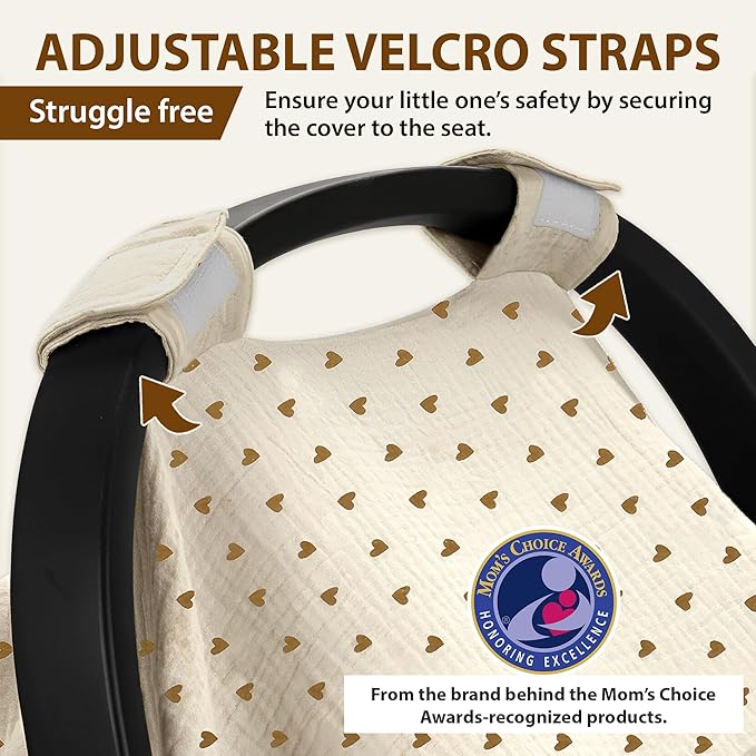100% Organic Muslin Cotton Car Seat Cover 35 x 50 Inches Soft Touch Breathable Canopy, Protective Car Seat Cover Baby All Seasons Lightweight Car Seat Cover Travel Comfort (Beige Hearts)