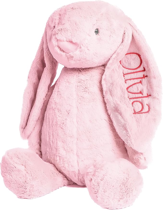 Personalized Super Soft Plush Bunny - Stuffed Animal Toy for Kids - Custom Gift with Embroidered Name on Ear for Easter, (Pink, Large)