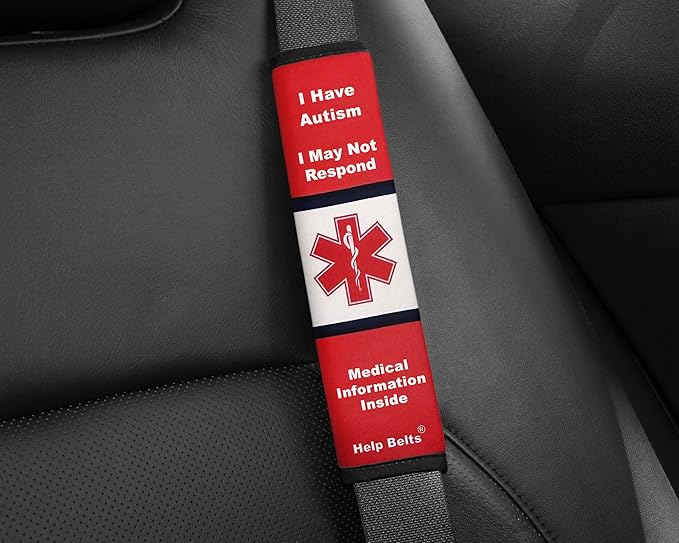 Autism/May Not Respond Awareness Medical Alert Seatbelt Cover for Kids and Adults with Emergency Information Form and Pocket by Help Belts (Red, 9 Inch Full)
