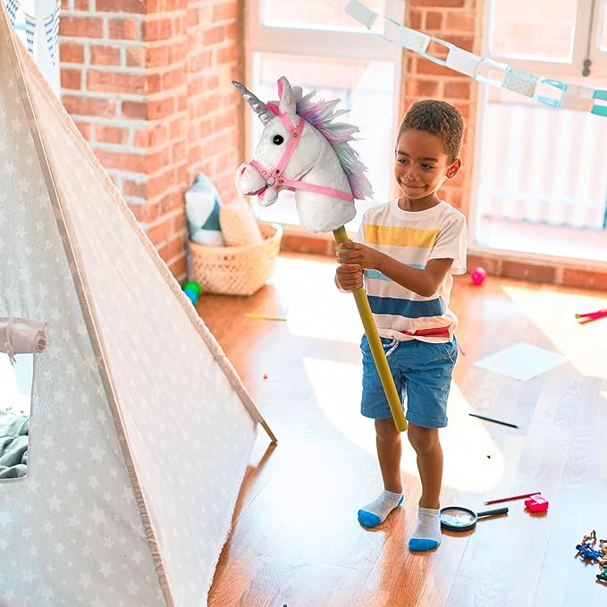 Playful Minds Stick Horse | Plush Handcrafted Hobby Horse Stick Pony Provides Fun Pretend Play for Toddlers & Preschoolers | Handsewn, Sturdy Wood, and Sound Effects (Unicorn)