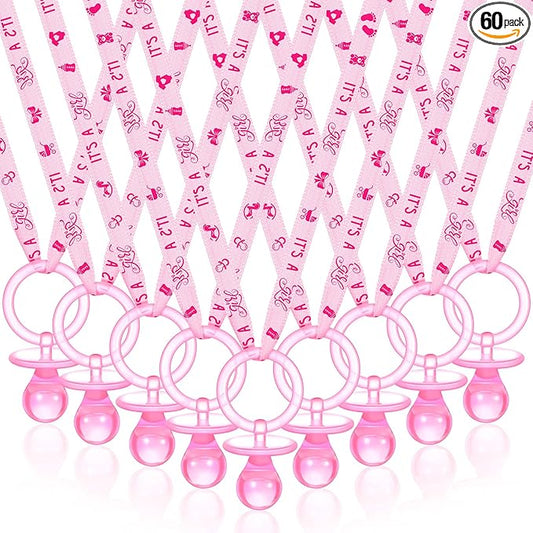 Coume 60 Pieces Baby Shower Pacifiers Necklace Acrylic Pacifiers Necklace Charm Party Favors for Girls Boys Baby Shower Party Decorations Table Scatter(Girl Style,Pink)