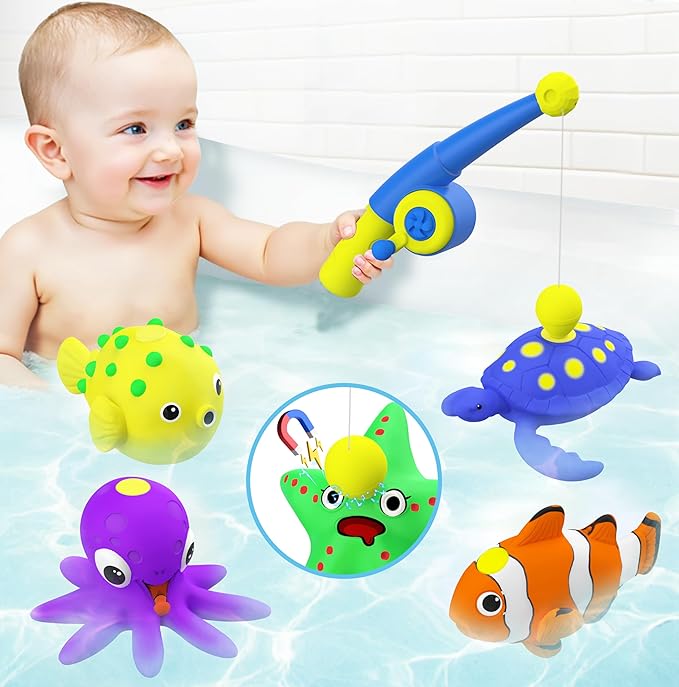 Color Changing No Hole Magnetic Fishing Bath Toys for Kids Toddlers Baby, Color Change Water Table Toys Sea Creatures with Fishing Rod (10 Packs)