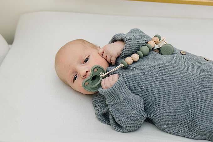 Silicone Pacifier Clip – Metal-Free, Rust-Free, 100% Food-Grade Silicone and Natural Beech Wood, Secure Pacifier Holder – Olive - Mila & Lulu