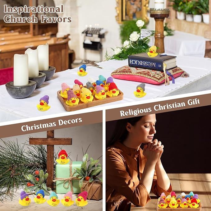 MiniInflat 36 Pcs Christian Mothers Gift Rubber Ducks Bulk with Bible Verses and Knit Hats Church Gifts Mini Religious Inspirational Duck Toys for Graduation Family Women Men Church Party (Yellow)
