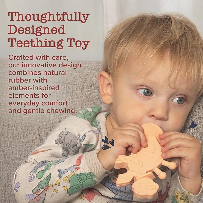 Bambeado Dibly Baby Teething Toy - Made with Natural Rubber & Amber Elements - Gentle Support, Easy to Hold, Simple to Clean - Cute Dinosaur Teether Toy - Alternative to Amber Teething Necklace Pink