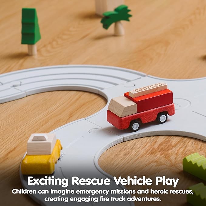 PlanToys® Fire Truck Wooden Montessori Vehicle Toy | Early Movement, Imagination and Practical Life Exploration | Eco Friendly Fire Rescue Truck for Indoor and Outdoor Play