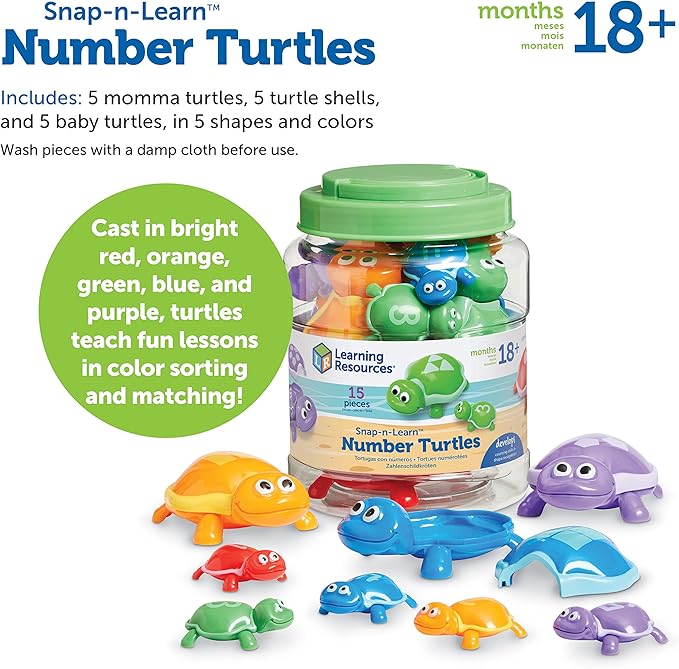 Learning Resources Number Turtles Set - 15 Pieces, Ages 18+ Months, Fine Motor Toys for Toddlers, Counting, Color & Sorting for Kids