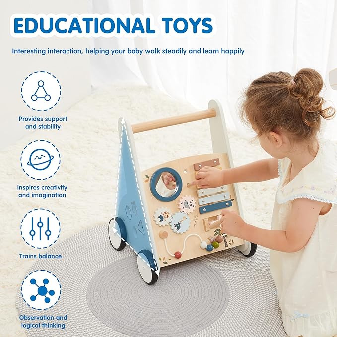 Freniland Wooden Baby Walker，Baby Walker with Wheels for Toddlers 18M+，Montessori Toys with Bead Maze, Xylophone and Storage for Boy and Girl