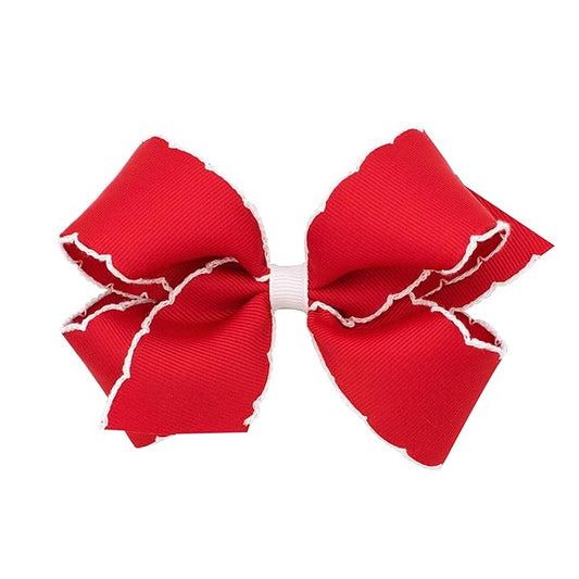 Wee Ones Girls' Classic Grosgrain Moonstitch Edge Hair Bow, No-Slip Hair Clip, Handmade, Red with White, Medium