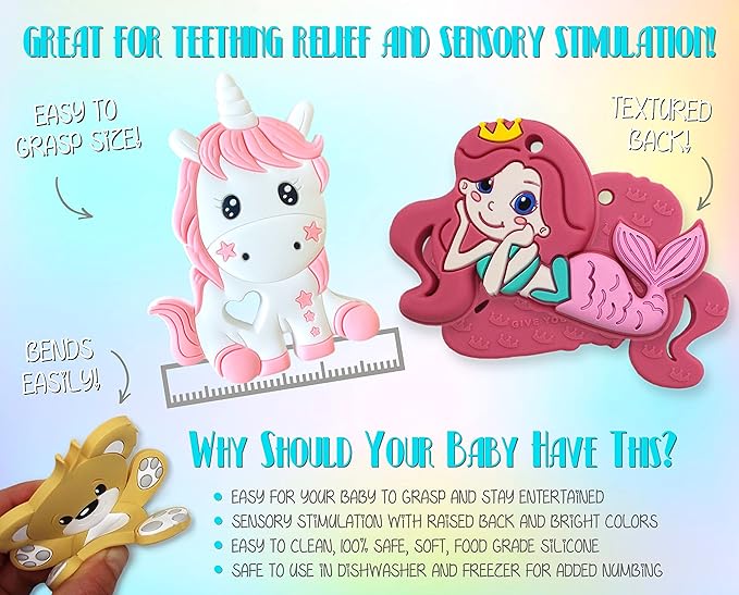 Unicorn Silicone Teething Toy! 100% Safe, Non-Toxic, BPA Free and Effective for Teething Pain Relief...Adorable Unicorn Teether Designed for a Happy Baby!