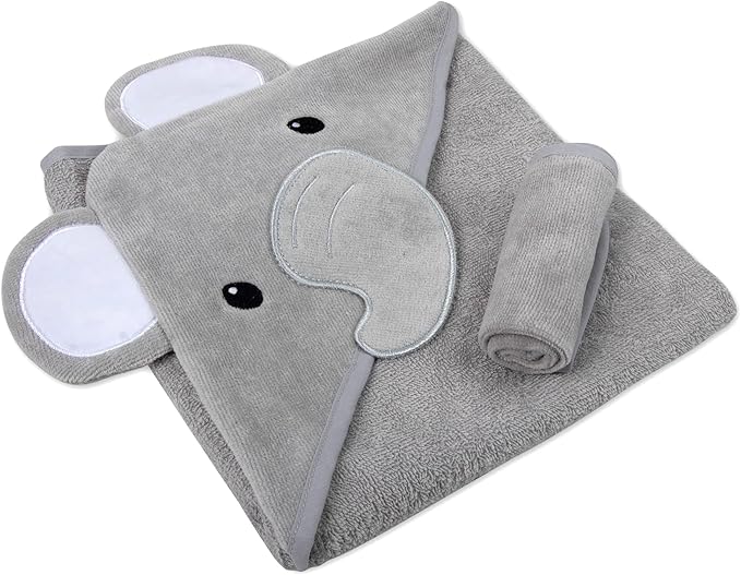 Baby Animal Hooded Towel and Washcloth Set for Newborns, Infants, Toddlers Boys and Girls 3-24 Months (Elegant Grey Elephant)