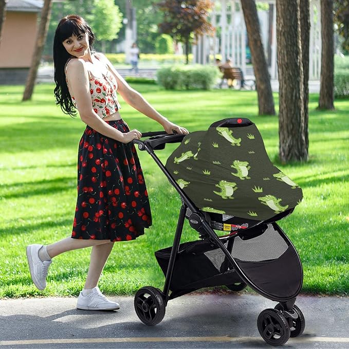 Cute Crocodile Baby Car Seat Covers Green Alligator Grass Carseat Canopy Soft Infant Stroller Cover Nursing Breastfeeding Covers for Girls Boys Newborn Fit Summer Spring Autumn