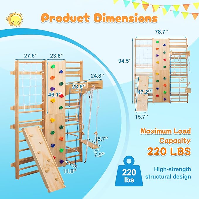 ZMAD Swedish Ladder Wall Gym & Climber – Featuring a Rock Climbing Wall, Wooden Swings, Gymnastic Rings, Rope Ladders, and Stretching Equipment for Indoor Playground， Spring 2026 (10-in-1)