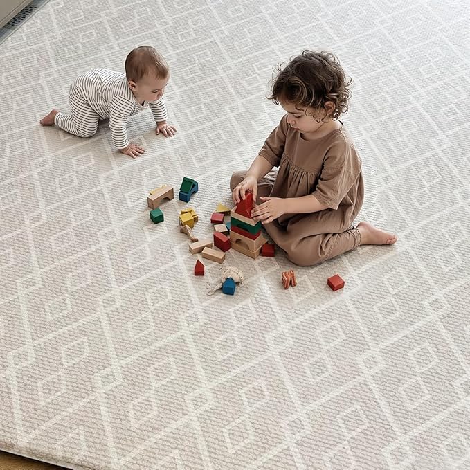 Reversible Baby Play Mat 78" x 55", Extra Large Foam Crawling Mat for Infants & Toddlers, Thick TPU Surface, Waterproof Floor Mat, Stylish Luxury Design for Living Room & Playroom (Floral & Beige)