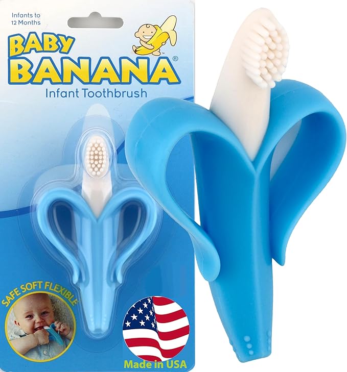 Baby Banana® Blue Teether-Toothbrush, Infant to Toddler, Made in USA, Butter-Soft Bristles for Gums and Teeth, Bendable Food Grade Silicone, Family-Owned Business Since 2009, 11 Million+ Sold.