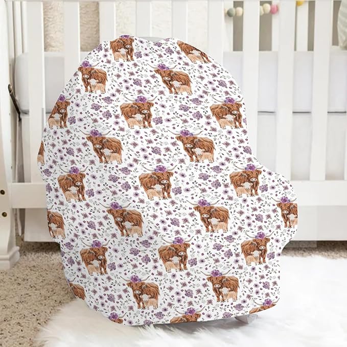 5-in-1 Unisex Western Cow Pattern Baby Carseat Stroller Cover for Boys Girls, Farm Highland Cow Flowers Floral Infant Toddler Privacy Nursing Breastfeeding Canopy, Grocery Shopping Cart Cover-24x28