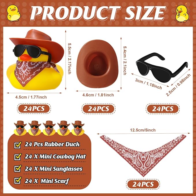 Sosation 24 Set Cowboy Rubber Duck Bulk Mini Yellow Duckies Party Tiny Ducks Toy with Cowboy Hat Paisley Bandanas Sunglasses for Birthday Party Favor(Classic Style)