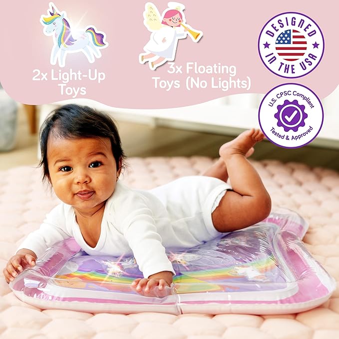 SplashEZ Lights Up Tummy Time Water Mat for Babies, Large Baby Water Mat Tummy Time for Sensory Play with LED Glowing Fishes, Inflatable Fun Play Pad for Infants & Toddlers 3 to 36 mo