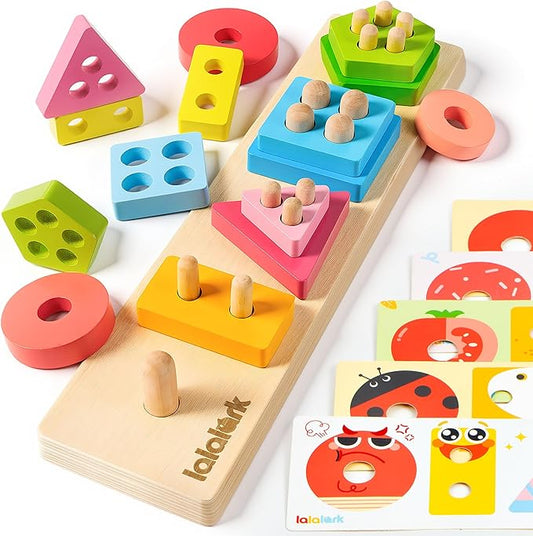 lalalark Montessori Toys for 1 2 3 Year Old, Wooden Sorting & Stacking Toys with 5 Theme Cards, Educational & Learning Sensory Sorter Toys for Toddlers，Boys Girls Easter Valentine Birthday Gifts