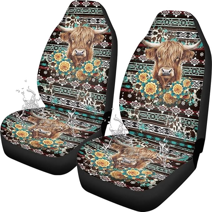 Ethnic Highland Cow Car Seat Covers Waterproof Front Seat Covers Automobile Front Seat Covers Easy to Install Car Interior Automotive Universal Fit Most Cars