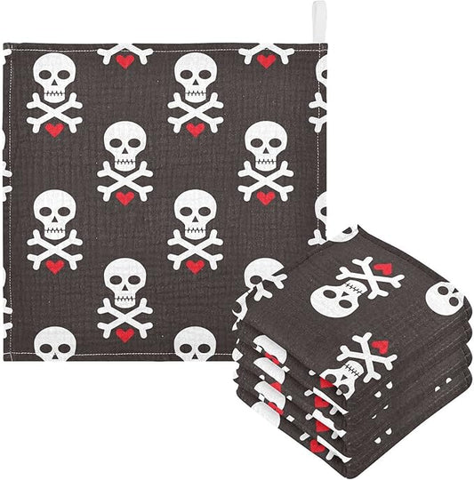 Baby Washcloths Cotton Skull Red Heart Baby Muslin Washcloths Soft Baby Face Towel for Newborn Infants Baby Wipes, 11.8 X 11.8 Inch, 5 Pack