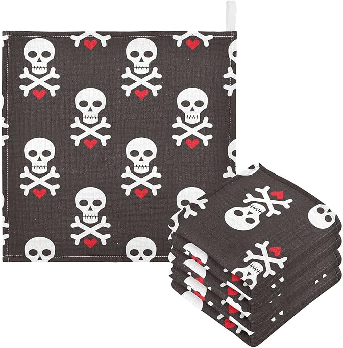 Baby Washcloths Cotton Skull Red Heart Baby Muslin Washcloths Soft Baby Face Towel for Newborn Infants Baby Wipes, 11.8 X 11.8 Inch, 3 Pack
