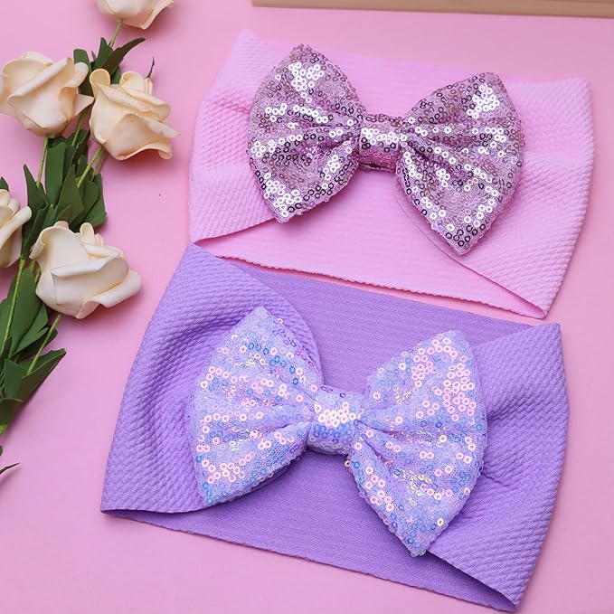 Hairband, 7" Sequin Bow Baby Headbands - Purple & Pink, Elastic Wide Hairbands for Baby Girls Newborn and Infant Hair Accessories Gift, One Size Fits All, Soft, 1 Set of 2 Pieces