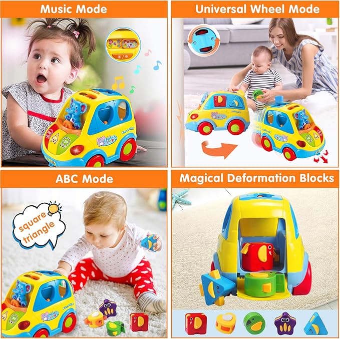 Baby Toys for 1 Year Old Boy Girl Gift Musical Bus Baby Toys 6-12-18 Months Toddler Early Learning Montessori Crawling Toy for 1 2 3 Year Old Boy with Music/Light/Smart Shapes Christmas Birthday Gifts
