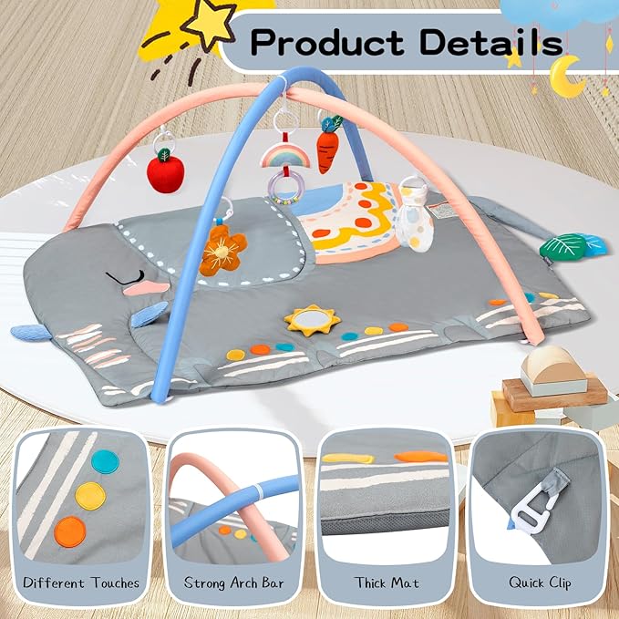 Baby Play Gym Tummy Time Mat, Oversize Elephant Activity Mat with 6 Detachable Toys, Promote Motor Skills & Sensory Development Mat, Newborn Infant Baby Essentials Gift