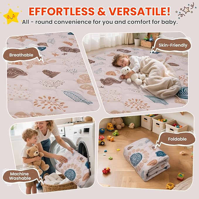 Baby Play Mat for Floor,50x50 Inch Soft Padding Crawling Mat for Playpen, Foldable and Machine Washable, Thick for Babies & Toddlers,Boho Flower