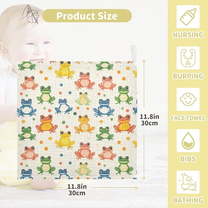 Newborn Face Towel Cute Frogs Soft Cotton Baby Washcloths 11.8 x 11.8 Inch Infants Girls Boys Muslin Burp Cloths 5 Pack