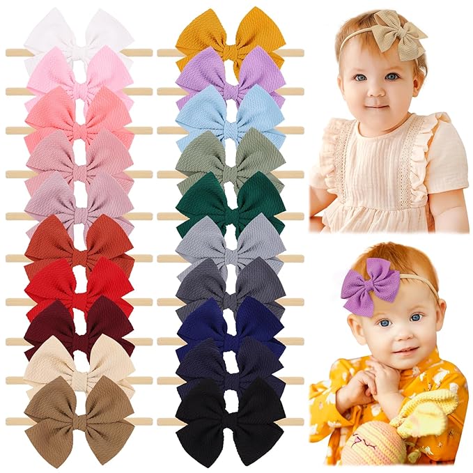 jollybows 20pcs Baby Girls Hair Bows Headband Nylon Hair Band Elastic Hair Accessories for Kids Infants Toddlers