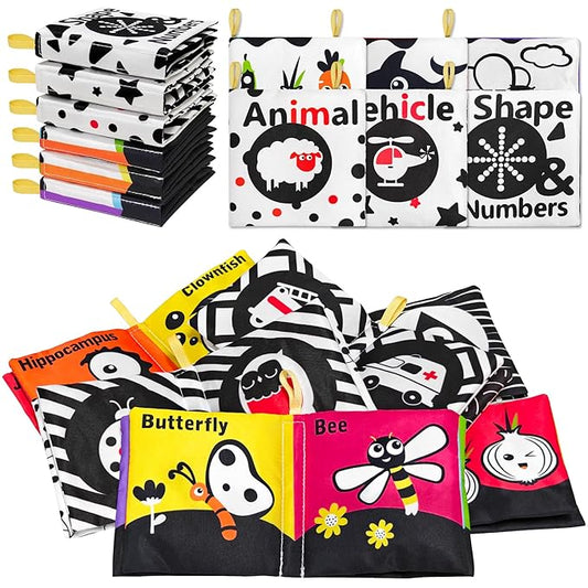 6 PCS High Contrast Black and White Crinkle Cloth Books for Infants 0-3 3-6 Months, Tummy Time Soft Book,Montessori Sensory Toys for Brain Development, Baby Educational Toys Gift for Boys Girls